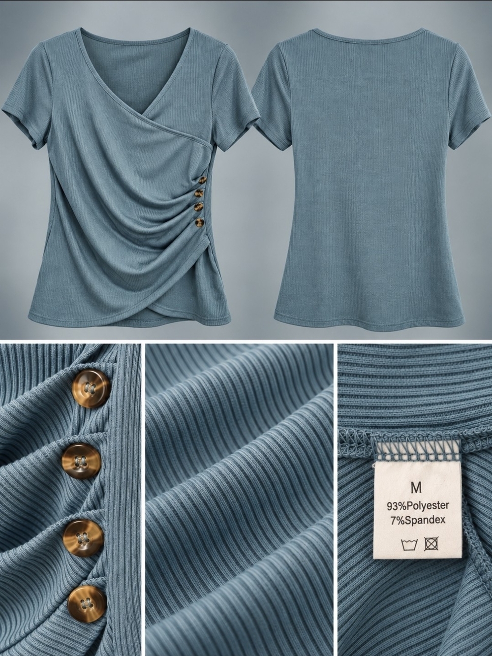 Women's Dusty Blue Ruched Wrap Short-Sleeve Top